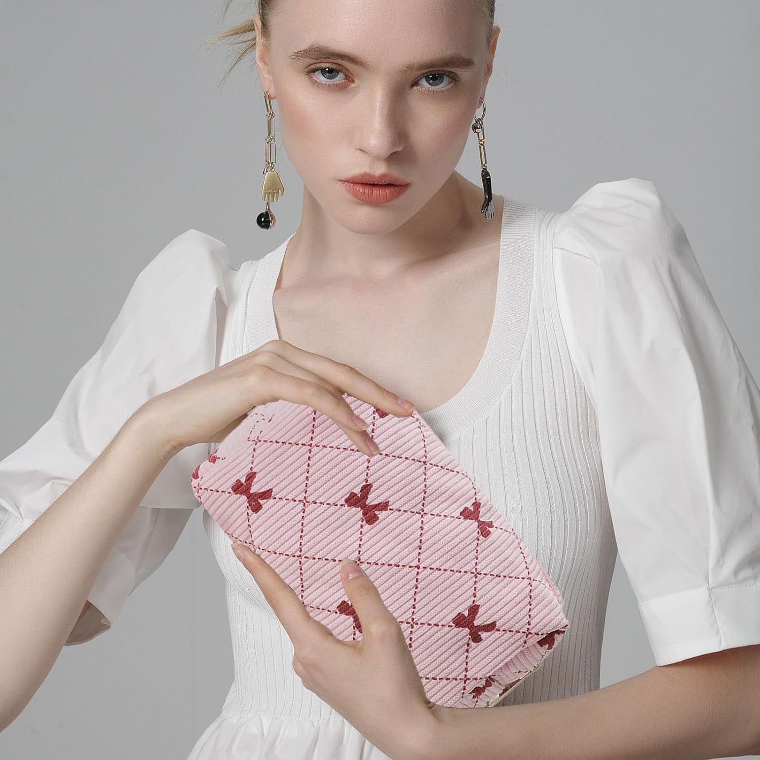 2PCS Cute Corduroy Makeup Bag Set for Women, Small Travel Toiletry Bag, Coquette Cosmetic Pouch with Bow, Portable Versatile Zipper Pouch - Pink