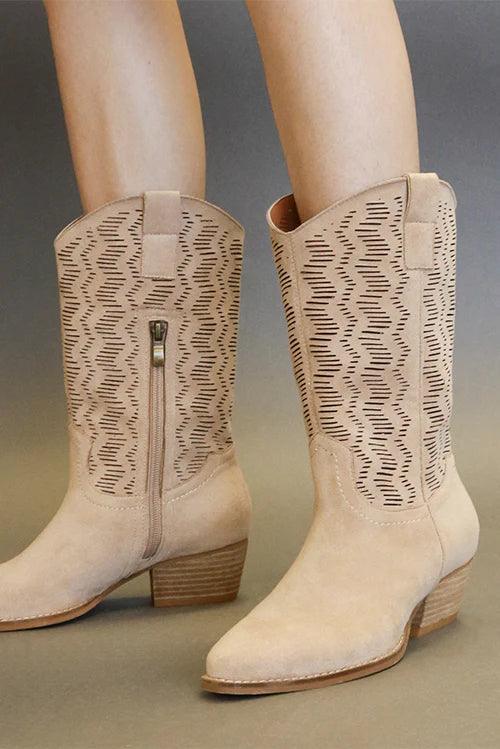 Mayfair Faux Suede Laser Cut Detail Block Heel Boots-0