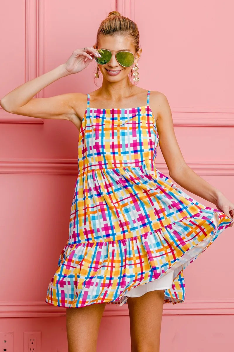 BiBi Multi Colors Plaid Sleeveless Sun Dress-3