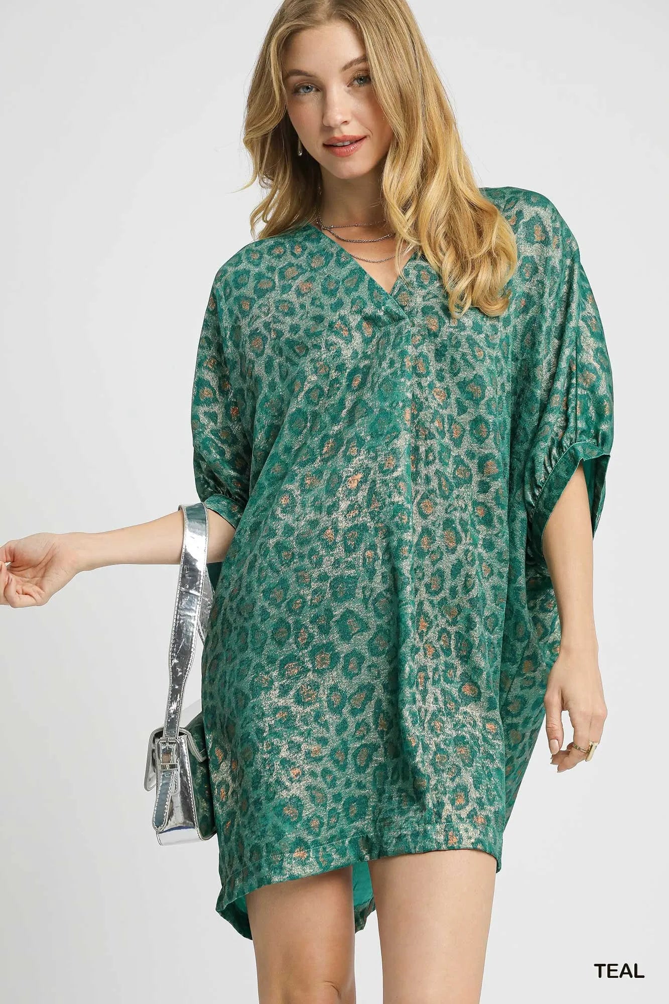 Umgee Metallic Leopard Print V-Neck Kimono Dress-0