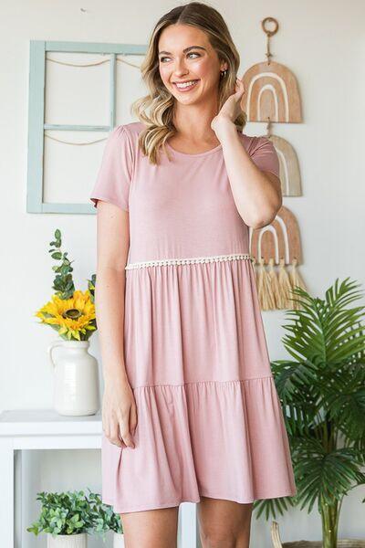 Heimish Full Size Solid Mini Tiered Dress with Pompom Lace Plus Size-3