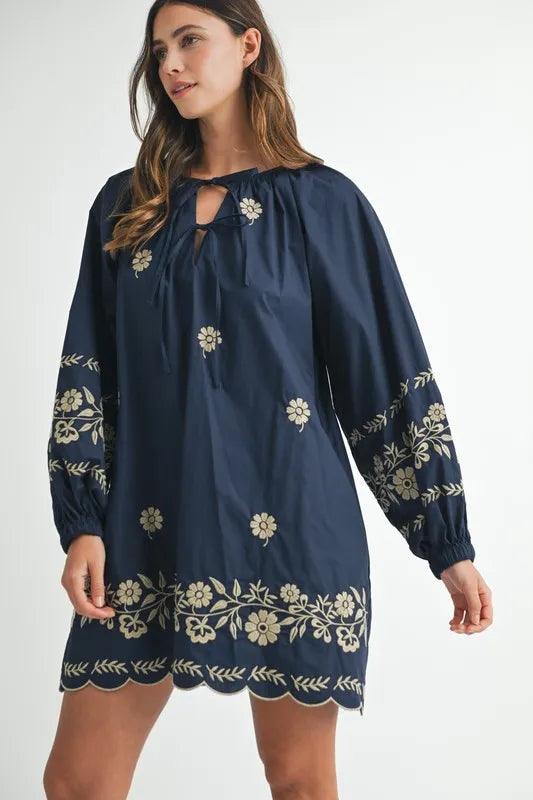 MABLE Embroidered Long Sleeve Peasant Mini Dress-1