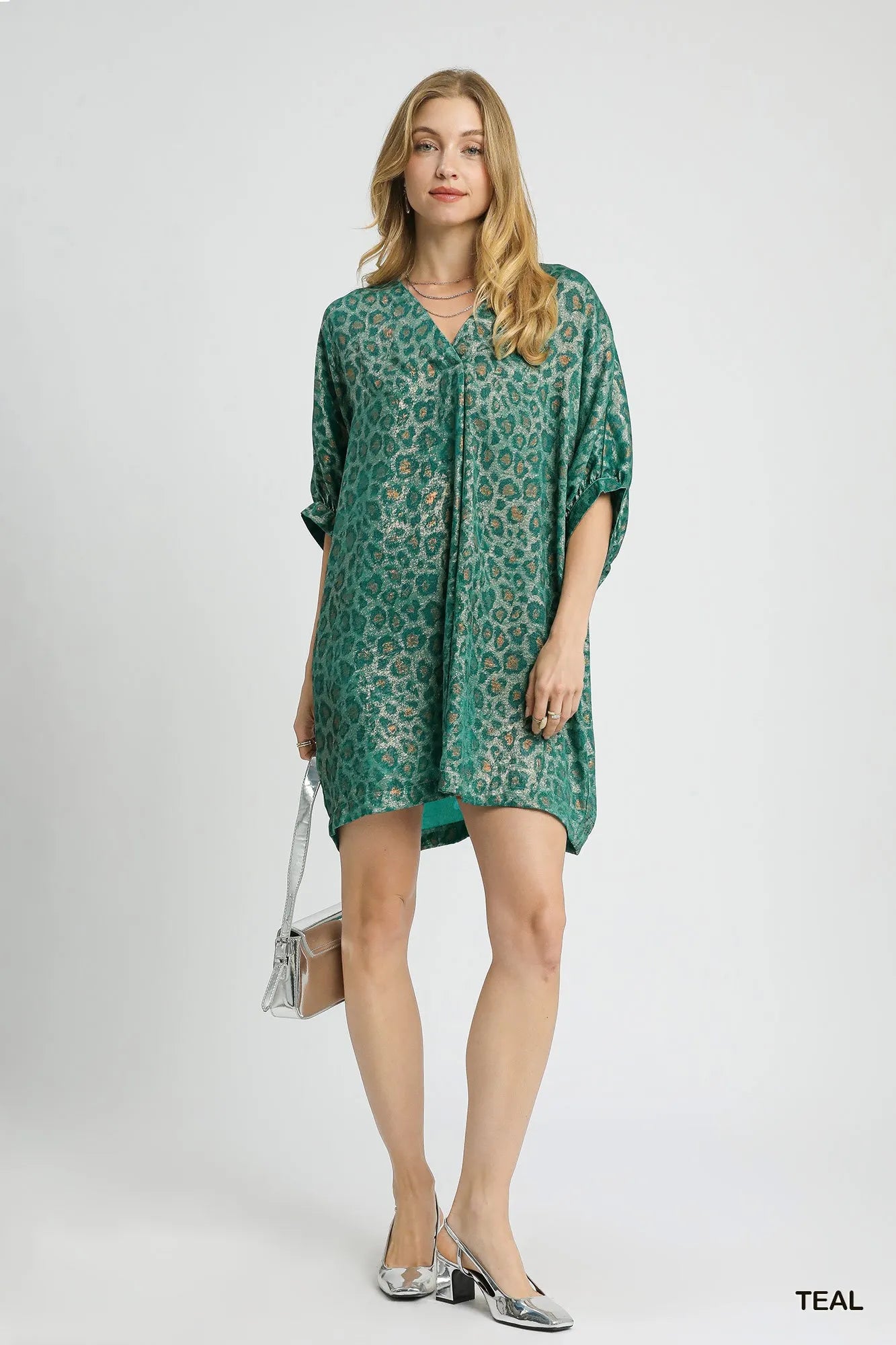 Umgee Metallic Leopard Print V-Neck Kimono Dress-4