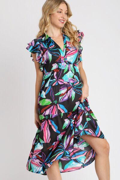 Umgee Full Size Leaf Print Double Layered Ruffle Sleeve Tiered Midi Dress Plus Size-2
