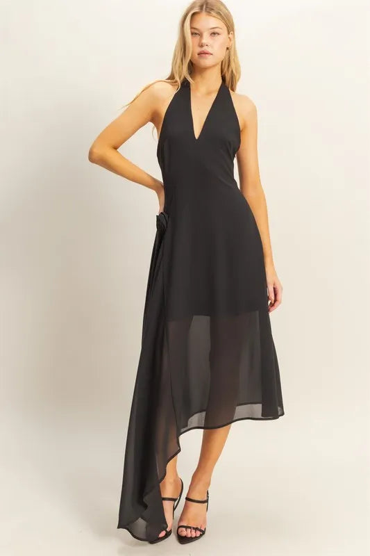 HYFVE Chiffon Halter Asymmetrical Hem Dress-0