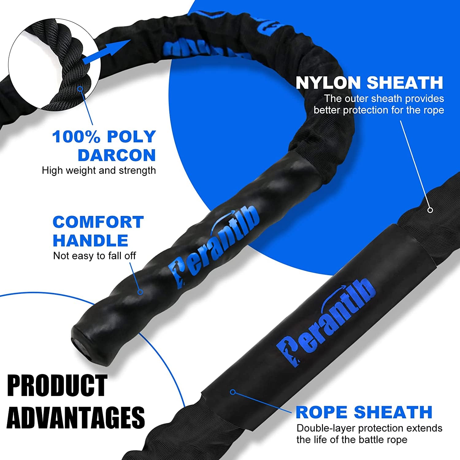 Battle Rope with Wear-Resistant Nylon Protective Sleeve - Heavy Battle Rope for Strength Training, Home Fitness Exercise - Anchor Strap Kit Included
