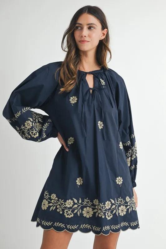 MABLE Embroidered Long Sleeve Peasant Mini Dress-0