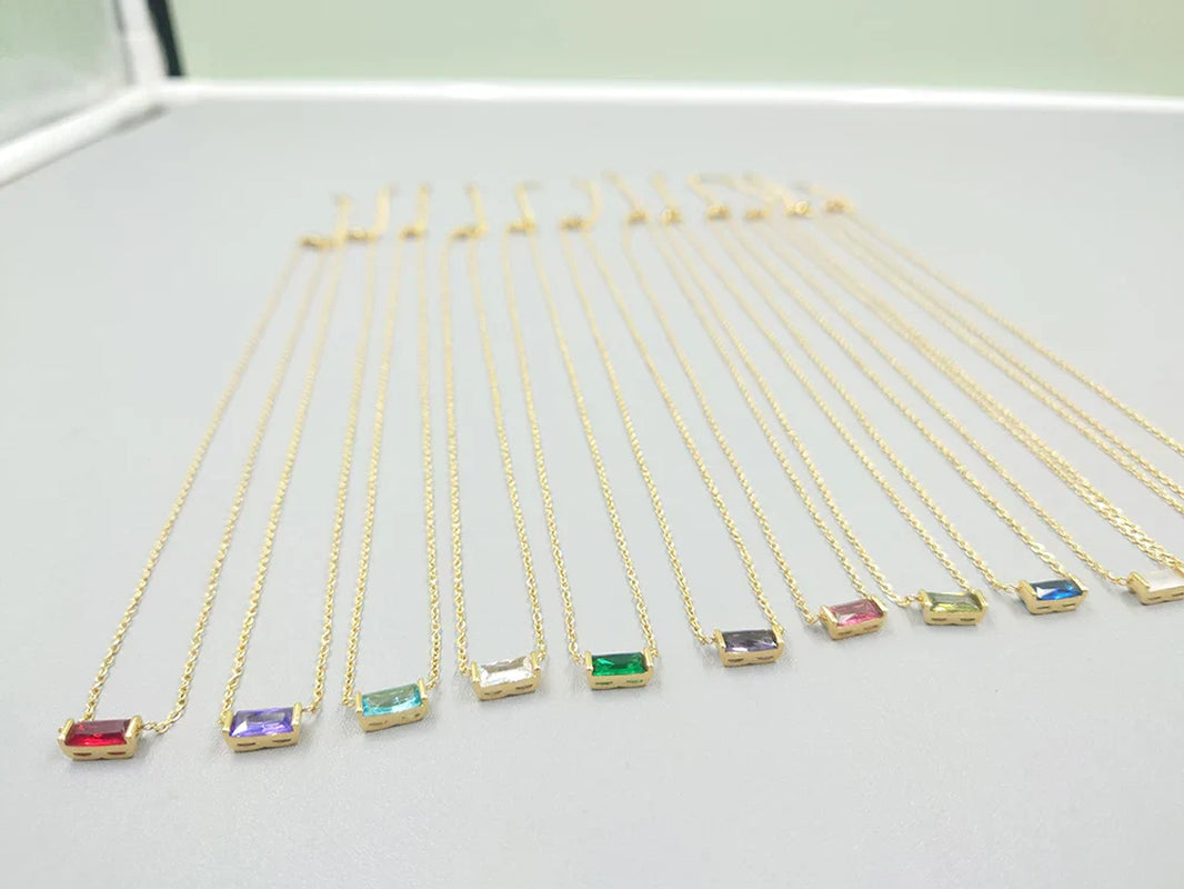 Dainty Baguette Birthstone CZ Charm Necklace