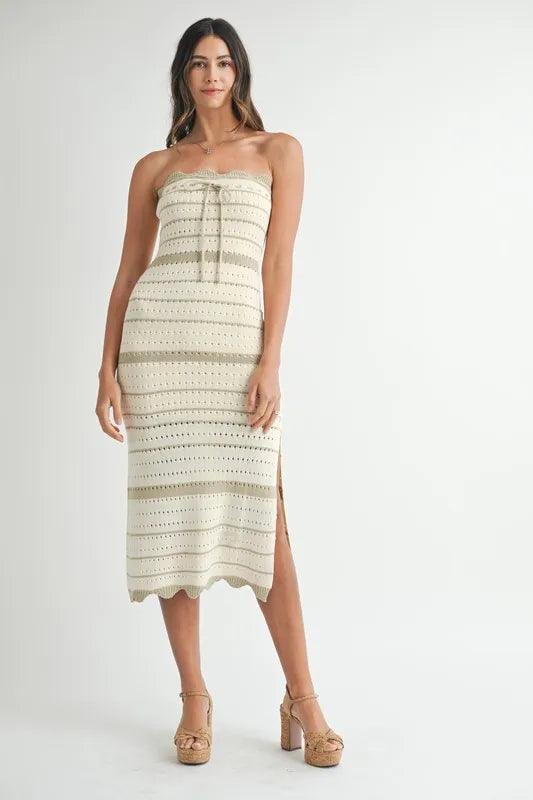 MABLE Contrast Striped Crochet Knit Midi Dress-3