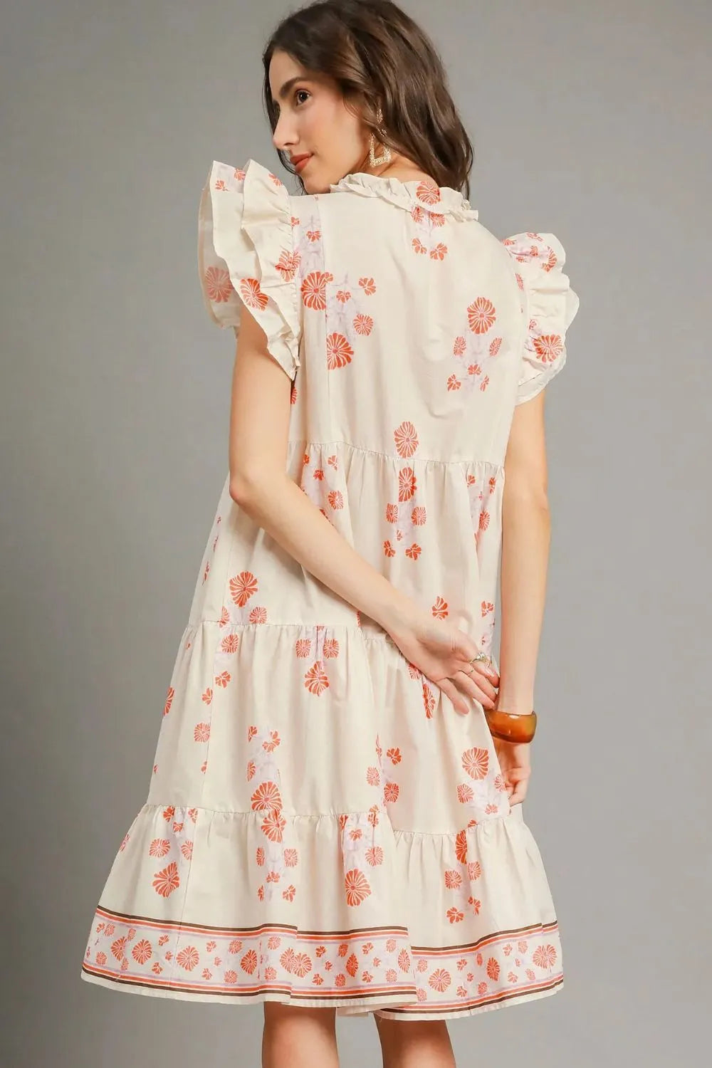 Umgee Printed Tie Neck Ruffle Cap Sleeve Dress-3