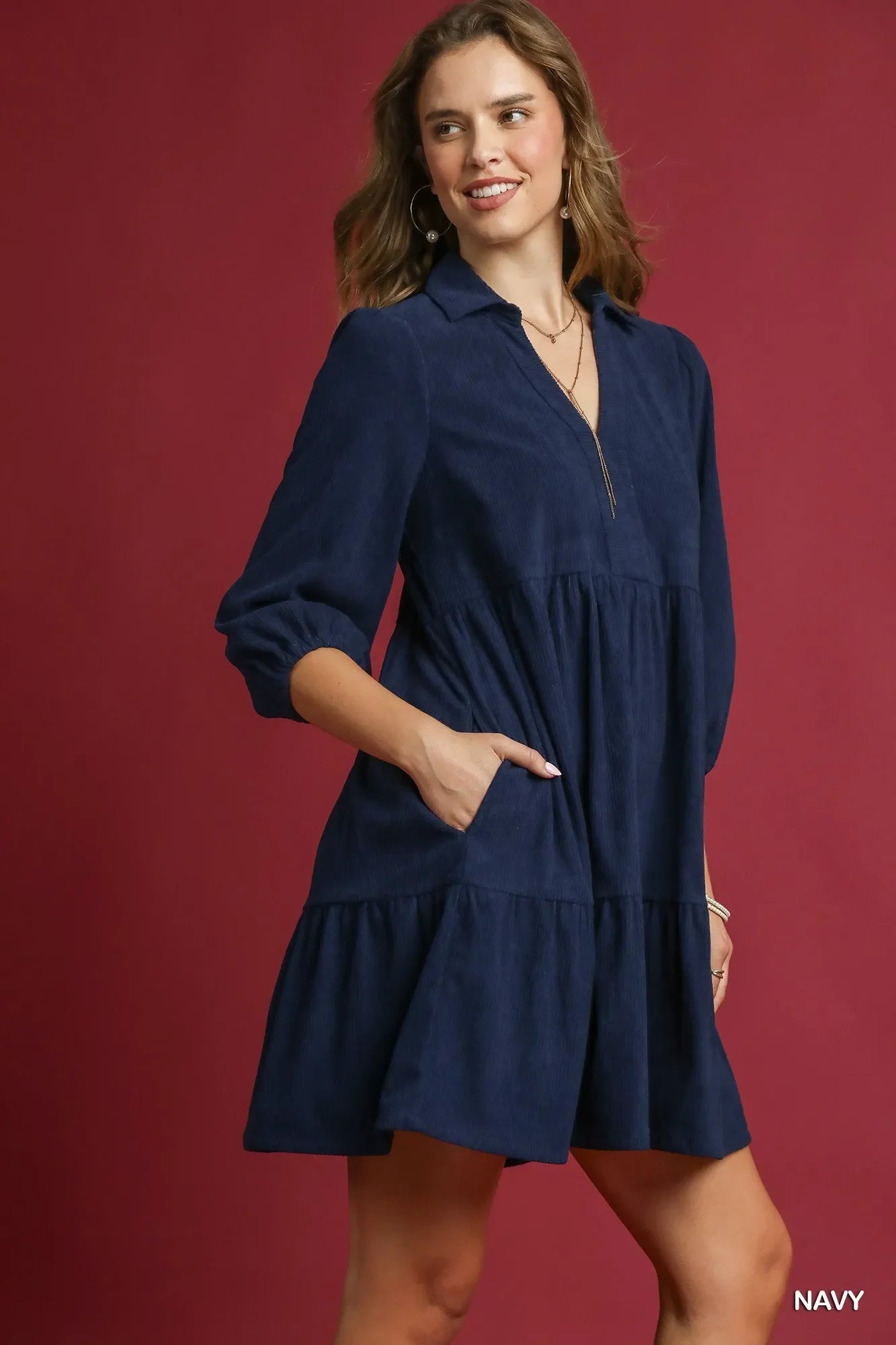 Umgee Tiered Corduroy Mini Dress with Balloon Sleeves-2