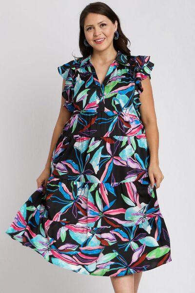 Umgee Full Size Leaf Print Double Layered Ruffle Sleeve Tiered Midi Dress Plus Size-4