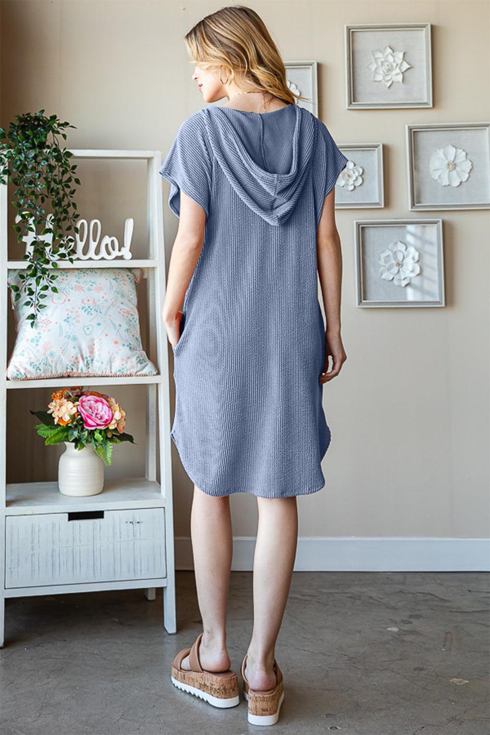 Heimish Full Size Ribbed Short Sleeve Hooded Dress-2