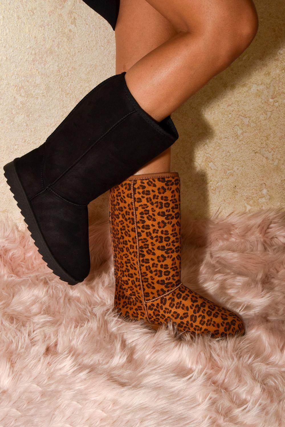 WILD DIVA Leopard Suede Round Toe Boots-0