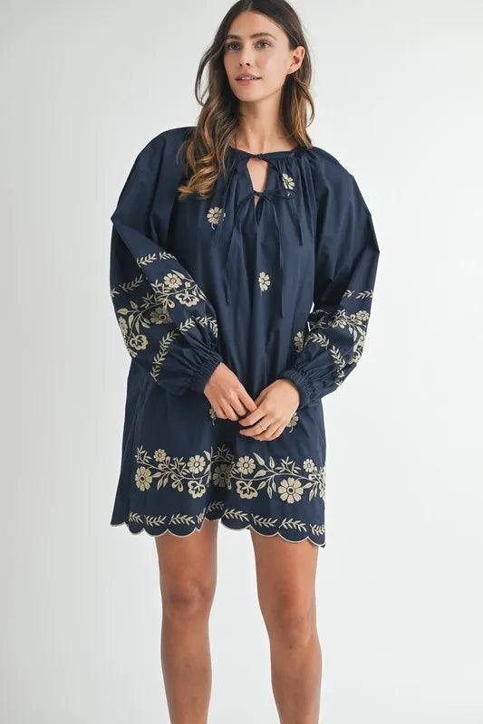 MABLE Embroidered Long Sleeve Peasant Mini Dress-3