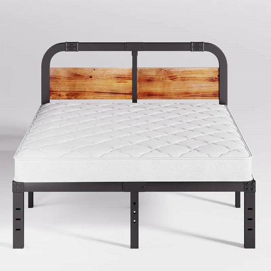 California King Heavy Duty Black Metal Bed Frame with Wood Panel Headboard-0