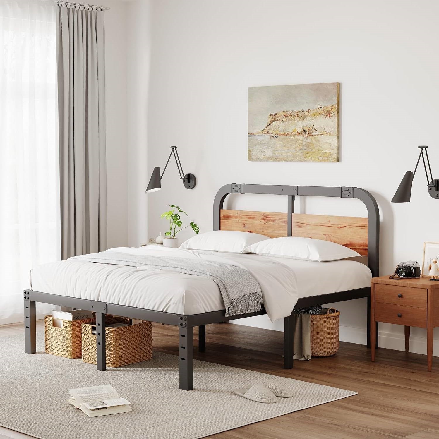 California King Heavy Duty Black Metal Bed Frame with Wood Panel Headboard-1