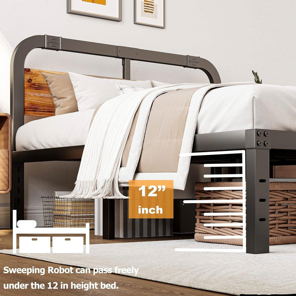 California King Heavy Duty Black Metal Bed Frame with Wood Panel Headboard-2