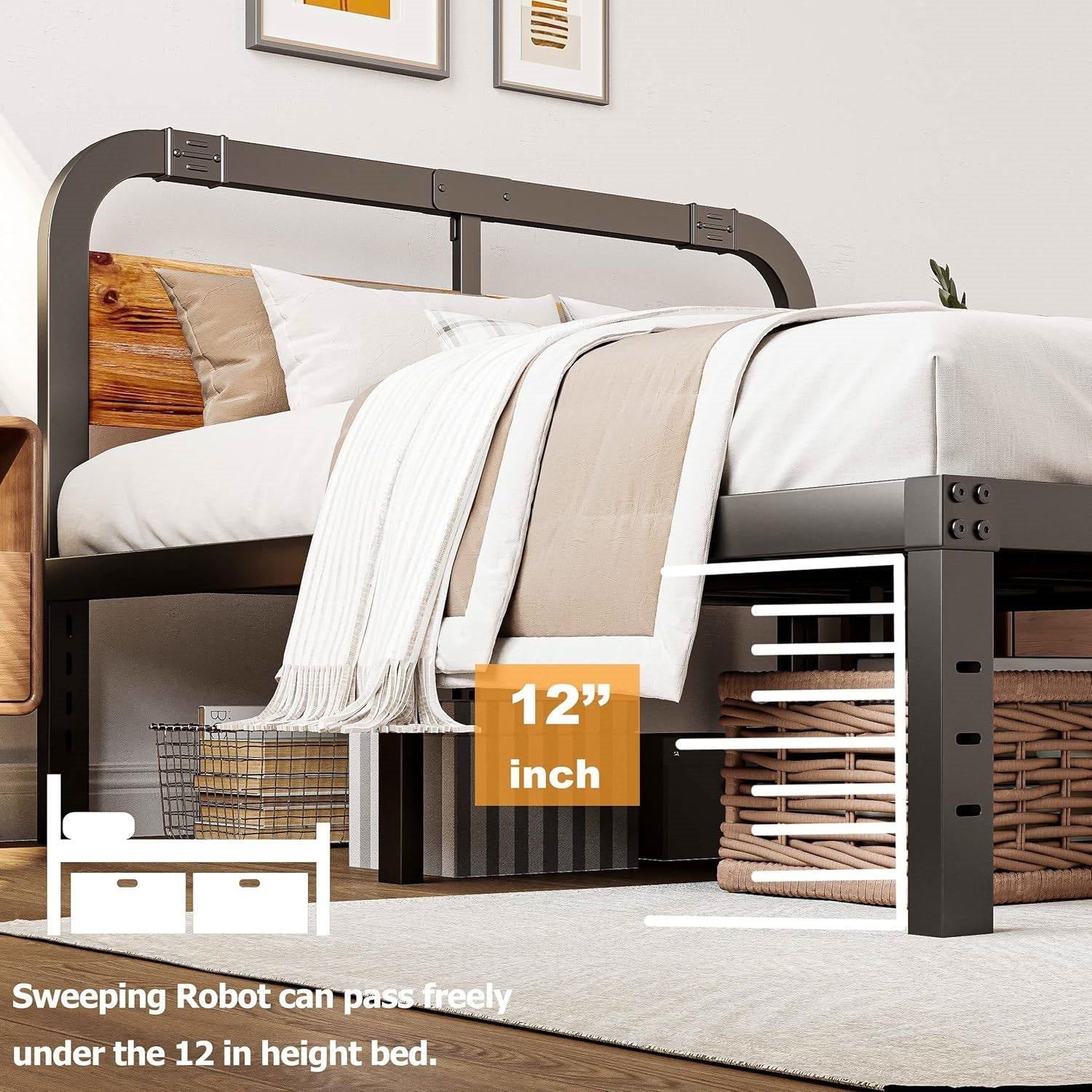 California King Heavy Duty Black Metal Bed Frame with Wood Panel Headboard-2