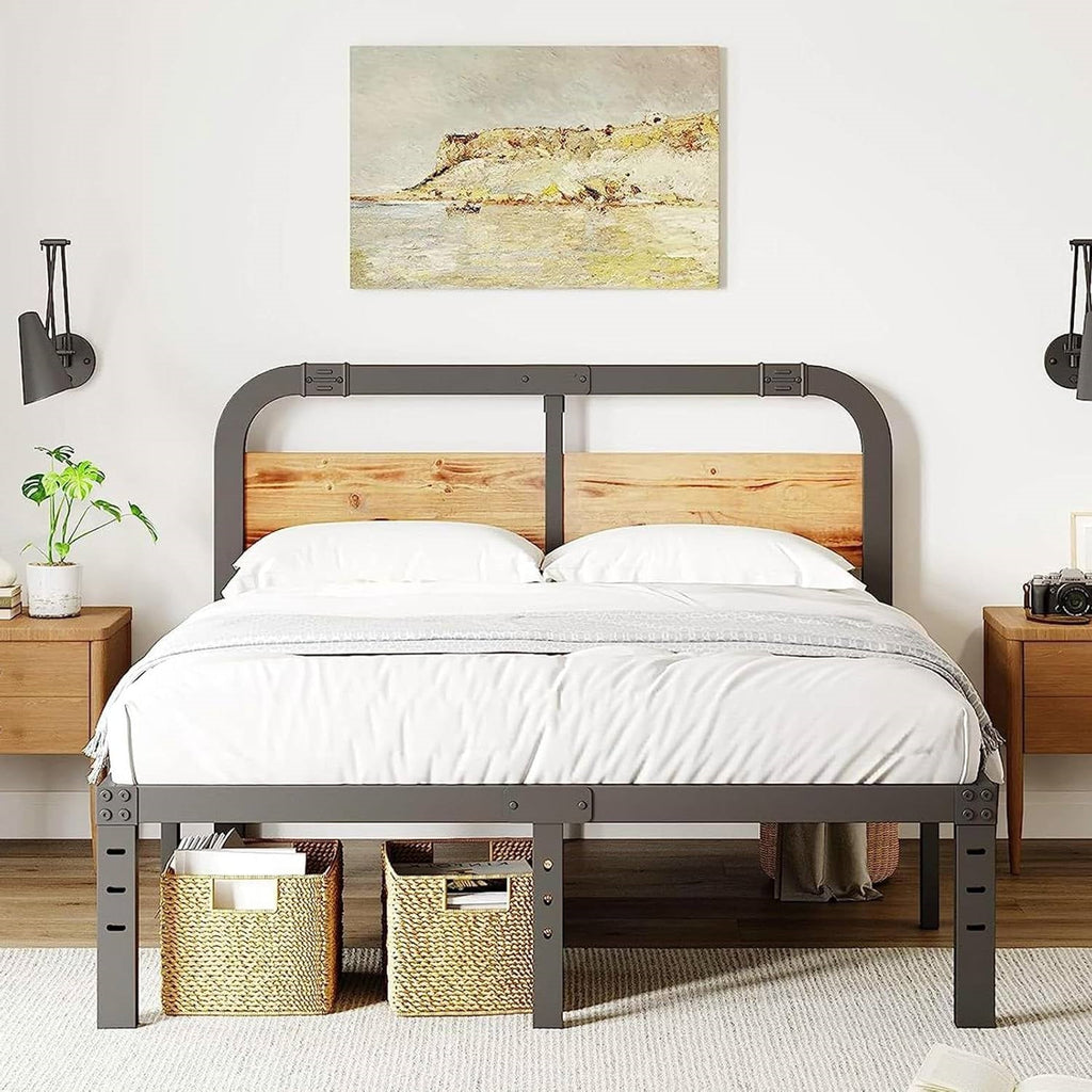 California King Heavy Duty Black Metal Bed Frame with Wood Panel Headboard-3