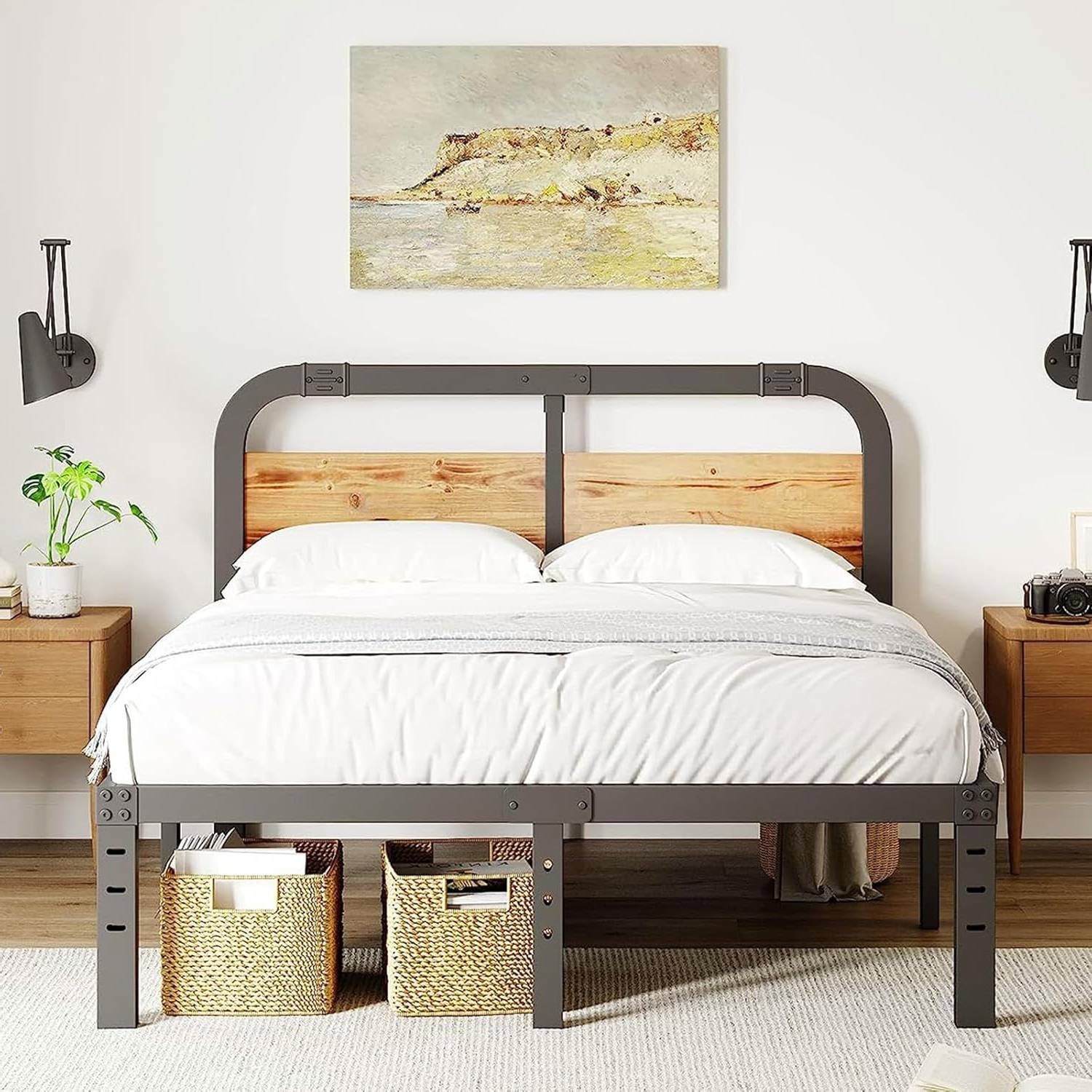 California King Heavy Duty Black Metal Bed Frame with Wood Panel Headboard-3