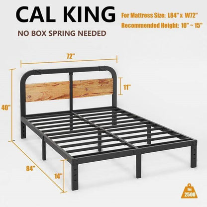 California King Heavy Duty Black Metal Bed Frame with Wood Panel Headboard-4