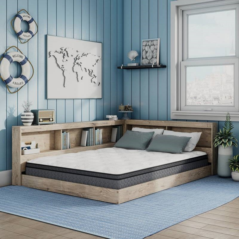 Full size Natural Wood Corner Storage Bed with Bookcase Headboard and USB Ports-1