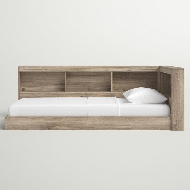 Full size Natural Wood Corner Storage Bed with Bookcase Headboard and USB Ports-2