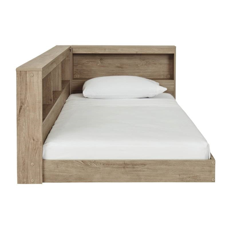 Full size Natural Wood Corner Storage Bed with Bookcase Headboard and USB Ports-3