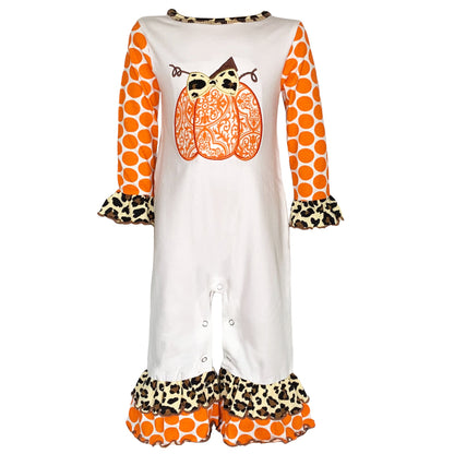 AnnLoren Baby Girls Orange pumpkin Autumn Holiday Cotton Romper-0