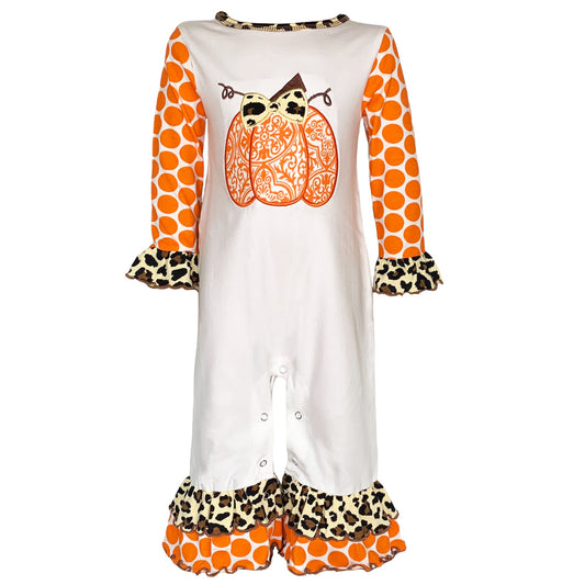 AnnLoren Baby Girls Orange pumpkin Autumn Holiday Cotton Romper-0