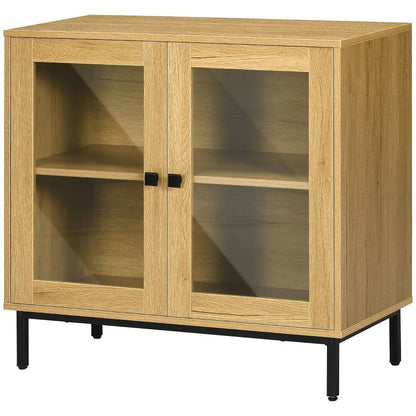 Modern Glass Door Sideboard Buffet Dining Storage Cabinet in Oak Wood Finish-0
