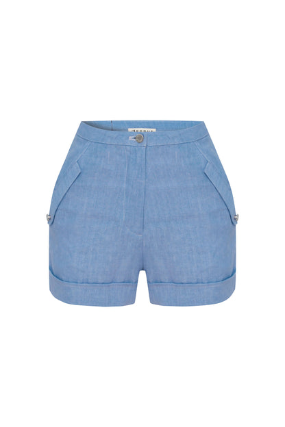 JENDUE Amara Denim Linen Shorts - High-Waisted Comfort-1