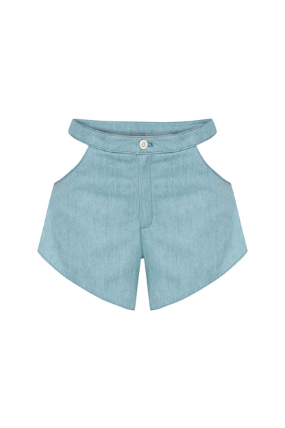 JENDUE Belinda Asymmetrical Cut-Out High-Waist Denim Shorts-1