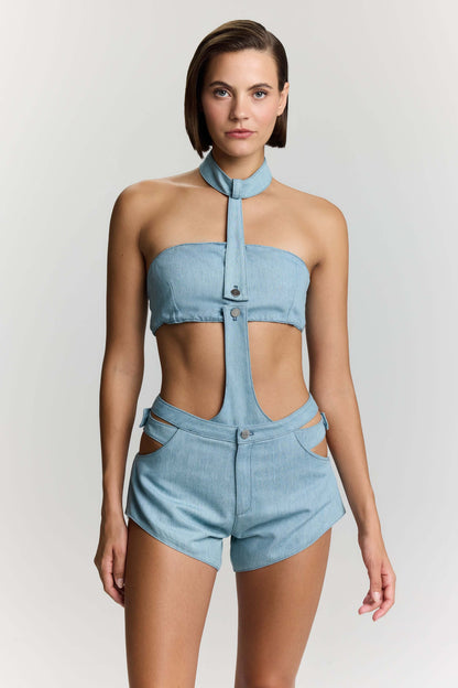 JENDUE Belinda Asymmetrical Cut-Out High-Waist Denim Shorts-0