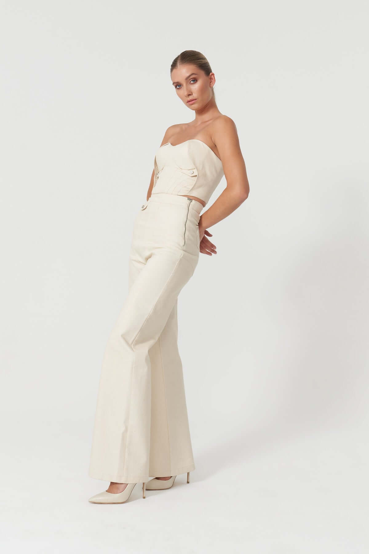 JENDUE Chaby Denim Jean - Ecru Wide Leg-0