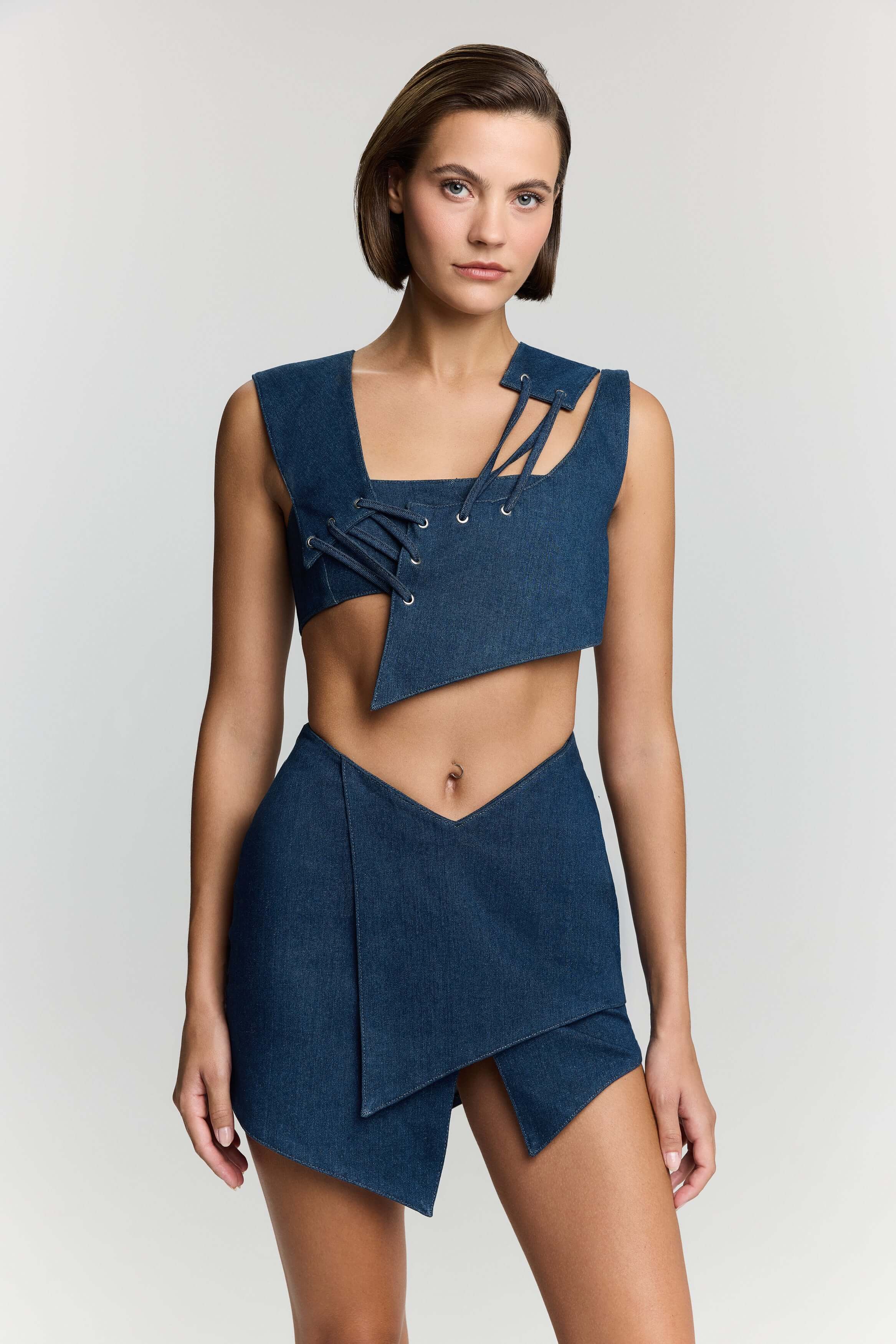 JENDUE Endless Line Denim Mini Skirt - Chic & Modern-0