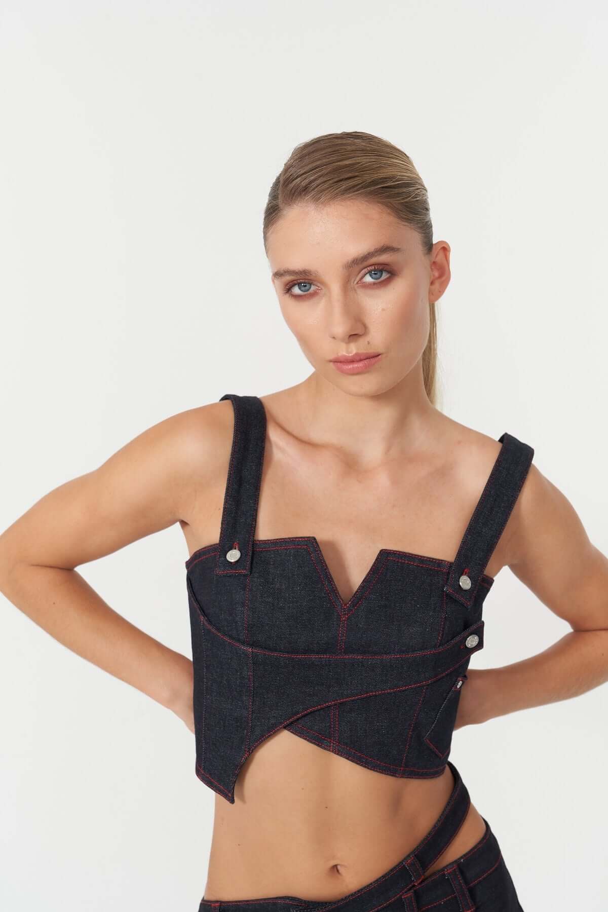 JENDUE Harvey Denim Crop Top | Unique Strappy Design-0