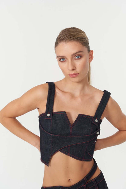 JENDUE Harvey Denim Crop Top | Unique Strappy Design-0