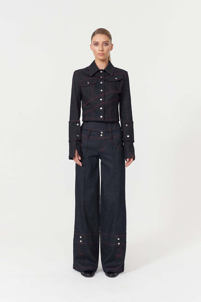 JENDUE Harvey High-Waisted Wide Leg Denim Jeans - Dark Wash-2