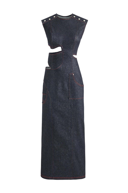 JENDUE Harvey Maxi Denim Dress - Unique Cut-Out Design-1