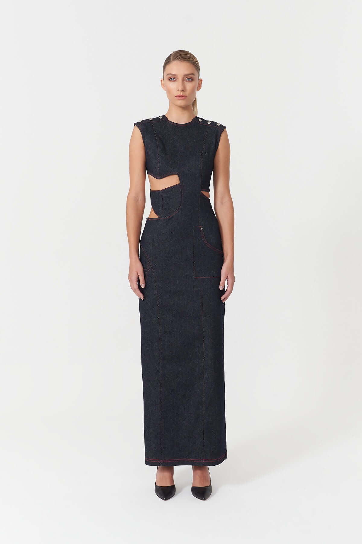 JENDUE Harvey Maxi Denim Dress - Unique Cut-Out Design-0