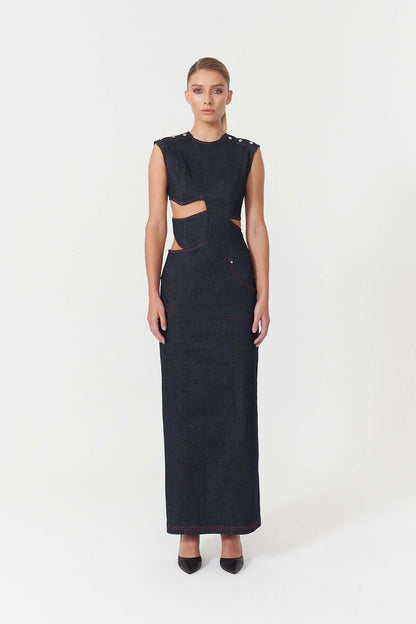 JENDUE Harvey Maxi Denim Dress - Unique Cut-Out Design-0