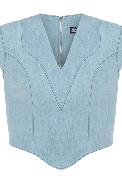 JENDUE Marvel V-Neck Denim Top - Stylish Women's Jean Blouse-1