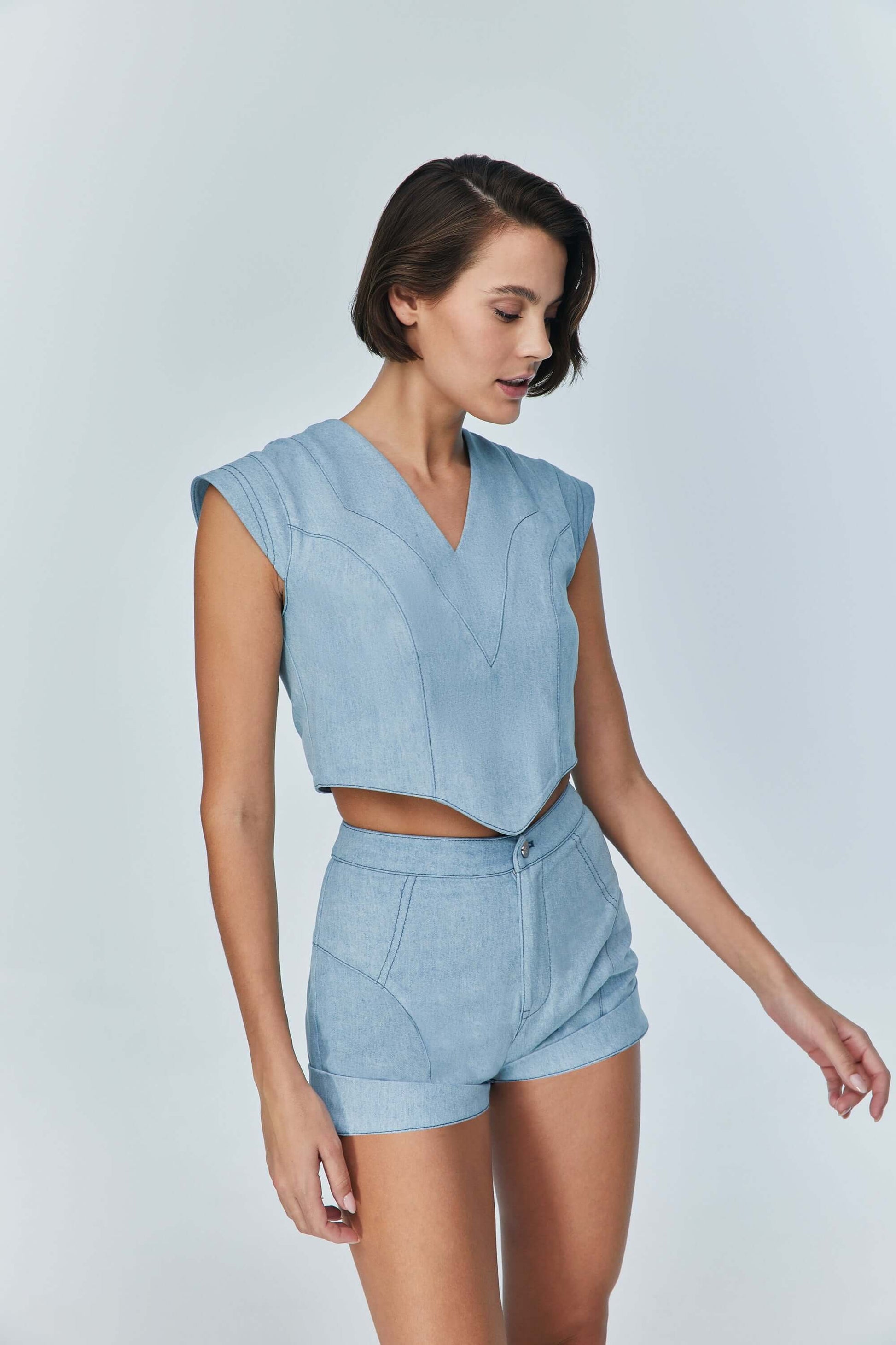 JENDUE Marvel V-Neck Denim Top - Stylish Women's Jean Blouse-0