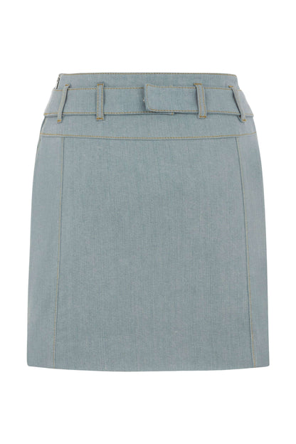 JENDUE Monte Belted Denim Skirt - Light Wash Mini Skirt-3