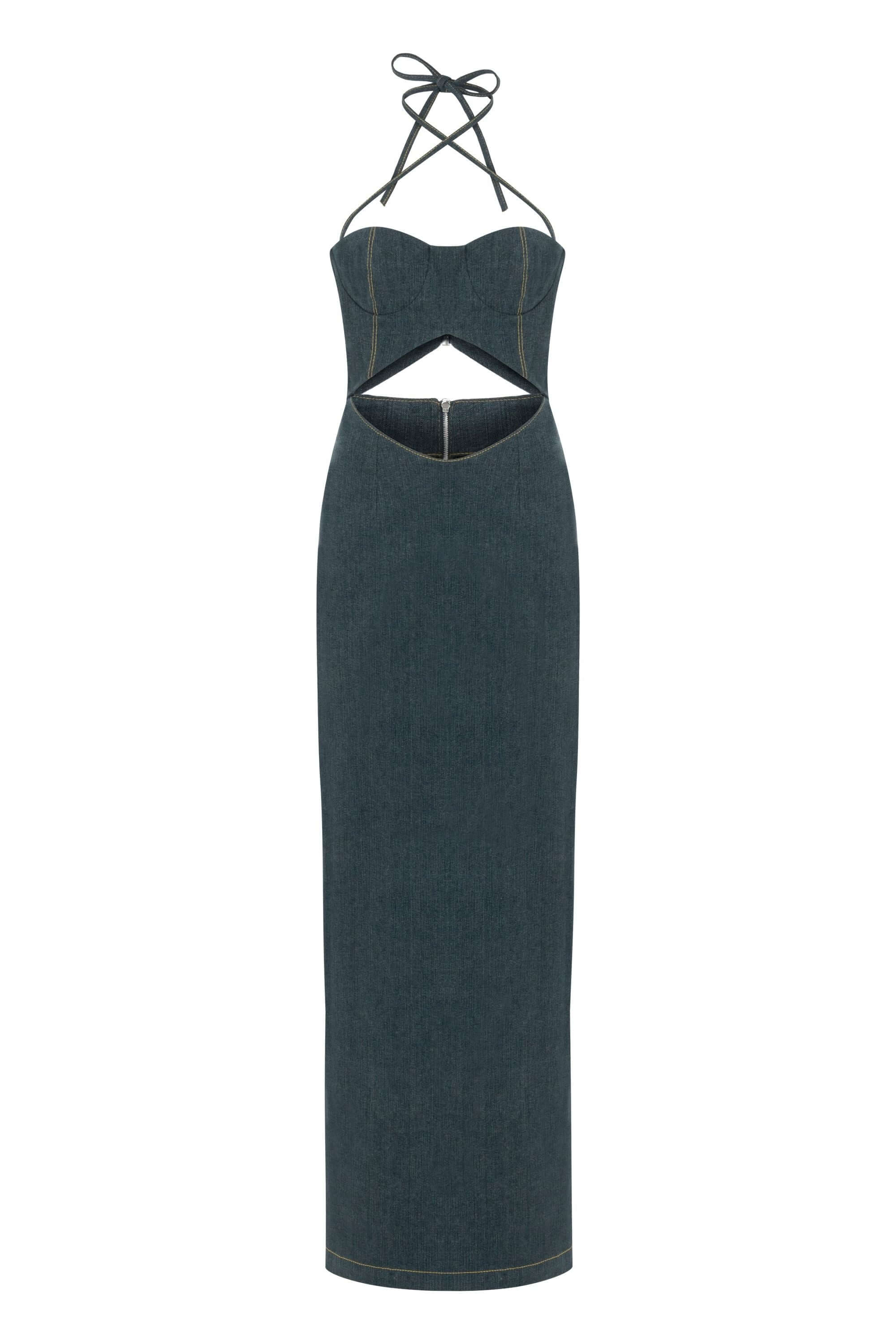 JENDUE Monte Maxi Denim Dress - Halter Cutout Gown-1