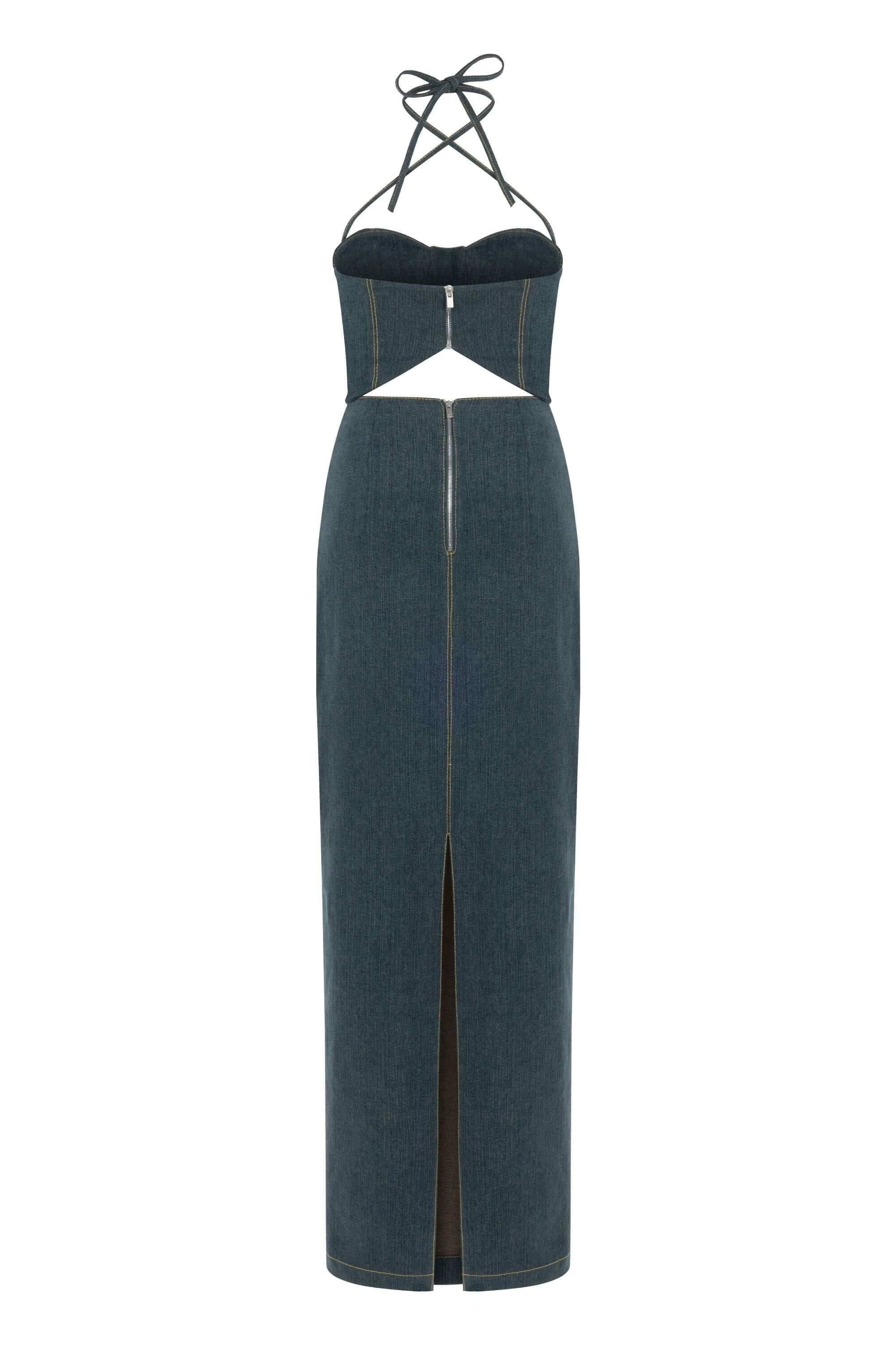 JENDUE Monte Maxi Denim Dress - Halter Cutout Gown-2