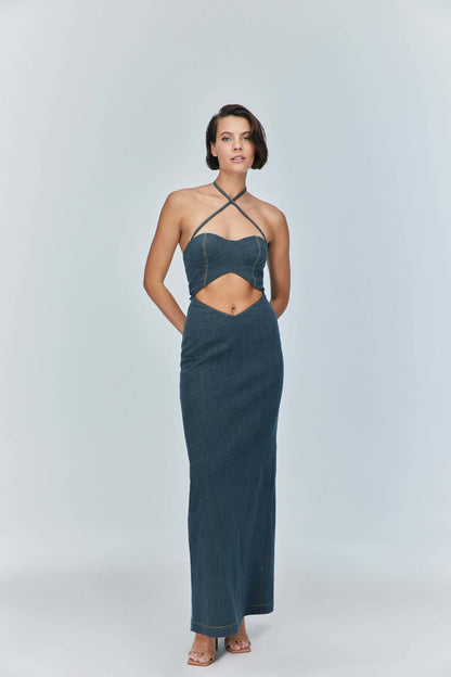 JENDUE Monte Maxi Denim Dress - Halter Cutout Gown-0