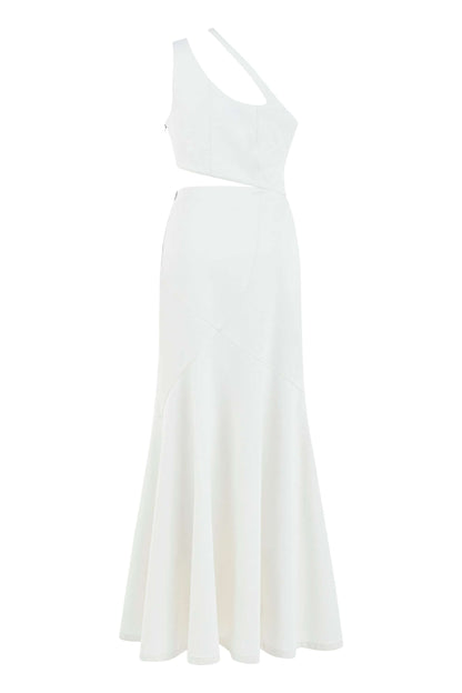 JENDUE Ron Asymmetric White Denim Maxi Dress - Elegant-2